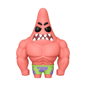 Funko POP! SpongeBob SquarePants #1668 Fry Cook Games Patrick fora da embalagem, mostrando o design detalhado de Patrick com músculos e expressão entusiástica, pronto para ser exibido na tua coleção de Funko POPs.