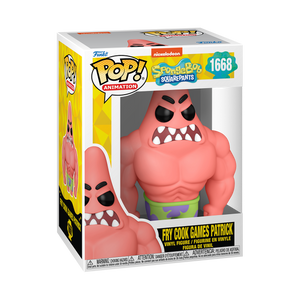 Funko POP! SpongeBob SquarePants #1668 Fry Cook Games Patrick na embalagem original, destacando a figura de Patrick com músculos à mostra, visíveis através de uma janela de plástico transparente.