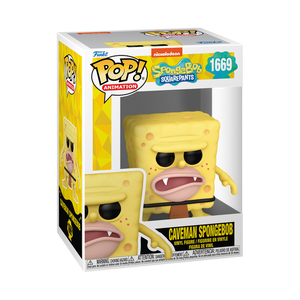 Funko POP! SpongeBob SquarePants #1669 Caveman SpongeBob na embalagem original, destacando a figura de SpongeBob como homem das cavernas, visíveis através de uma janela de plástico transparente.