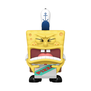 Funko POP! SpongeBob SquarePants #1667 Krusty Krab Pizza SpongeBob fora da embalagem, mostrando o design detalhado de SpongeBob com pizza do Krusty Krab, pronto para ser exibido na tua coleção de Funko POPs.