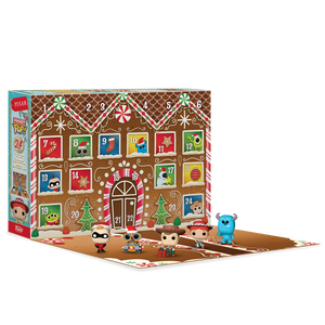 Funko Advent Calendar Pixar 2024 aberto, revelando algumas das 24 figuras exclusivas de Funko Pocket Pops! de personagens da Pixar, cada uma com aproximadamente 5 cm de altura.