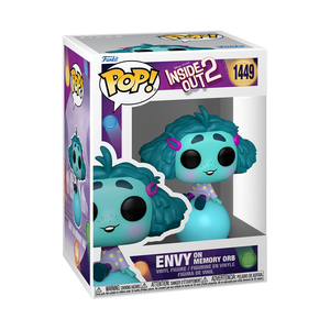 Funko POP! Disney Inside Out 2 #1449 Envy (On Memory Orb) na embalagem original, destacando a figura de Envy em cima de uma Orbe de Memória com detalhes autênticos e expressão característica, visíveis através de uma janela de plástico transparente.