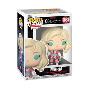 Funko POP! Castlevania: Nocturne #1688 Maria Exclusivo na embalagem original, destacando a figura de Maria com detalhes autênticos, visíveis através de uma janela de plástico transparente.