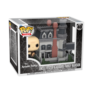 Funko POP! The Addams Family #40 Uncle Fester & Addams Family Mansion na embalagem original, destacando a figura de Uncle Fester segurando Thing e a icônica Mansão da Família Addams, visíveis através de uma janela de plástico transparente.