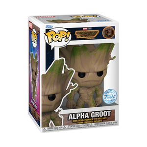 Funko POP! Marvel Guardians of the Galaxy Vol. 3 #1390 Alpha Groot na embalagem original, exibindo detalhes da caixa com o logotipo de Guardians of the Galaxy e a figura de Alpha Groot em pose de batalha.
