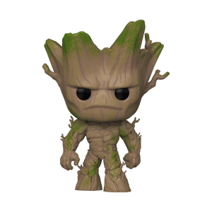 Funko POP! Marvel Guardians of the Galaxy Vol. 3 #1390 Alpha Groot fora da embalagem, mostrando Alpha Groot em uma pose dinâmica e detalhes texturizados que imitam casca de árvore, pronto para ação.