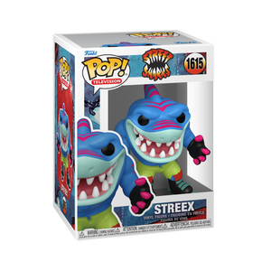 Funko POP! Street Sharks #1615 Streex na embalagem original, destacando a figura de Streex com seus patins e detalhes vibrantes, visíveis através de uma janela de plástico transparente.
