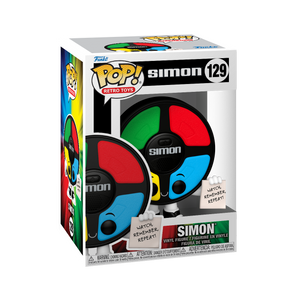 Funko POP! Retro Toys #129 Simon na embalagem original, destacando a figura do jogo de memória Simon com cores vibrantes e botões característicos, visíveis através de uma janela de plástico transparente.