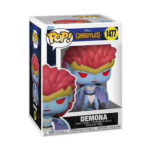 Funko POP! Gargoyles #1477 Demona na embalagem original, destacando a figura de Demona com asas impressionantes e detalhes icónicos, visíveis através de uma janela de plástico transparente.
