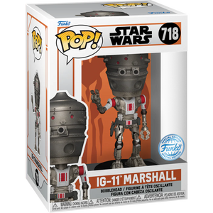 Funko POP! Star Wars: The Mandalorian #718 IG-11 Marshall na embalagem original, destacando a figura de IG-11 com armas e armadura de droid, visíveis através de uma janela de plástico transparente.