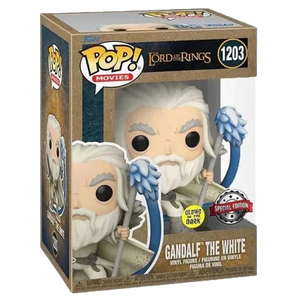 Funko POP! Lord of the Rings #1203 Gandalf The White Exclusivo na embalagem original, destacando a figura de Gandalf com detalhes autênticos, visíveis através de uma janela de plástico transparente.