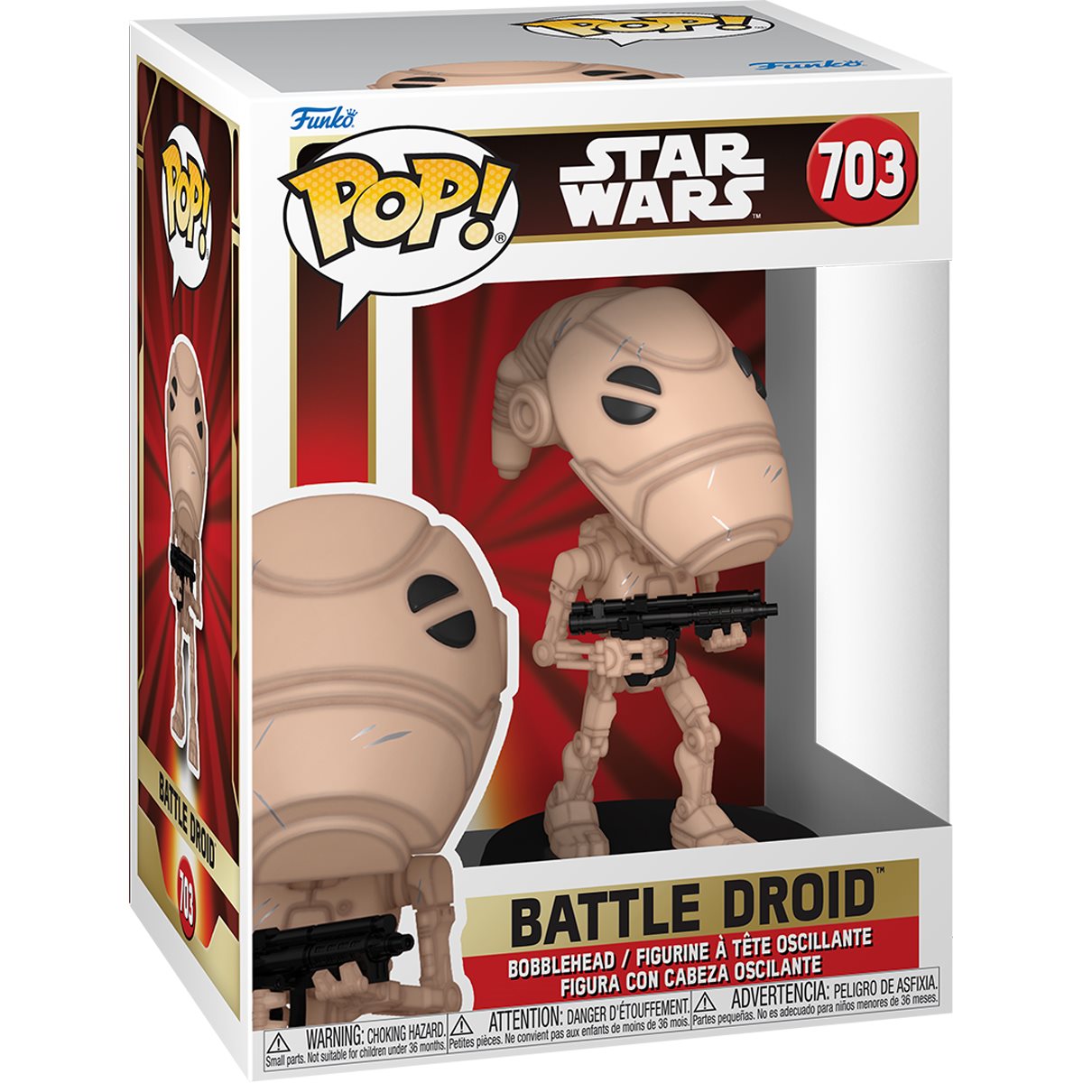 Funko POP! Star Wars: Episode I – The Phantom Menace #703 Battle Droid na embalagem original, destacando a figura do Battle Droid com detalhes autênticos, visíveis através de uma janela de plástico transparente.