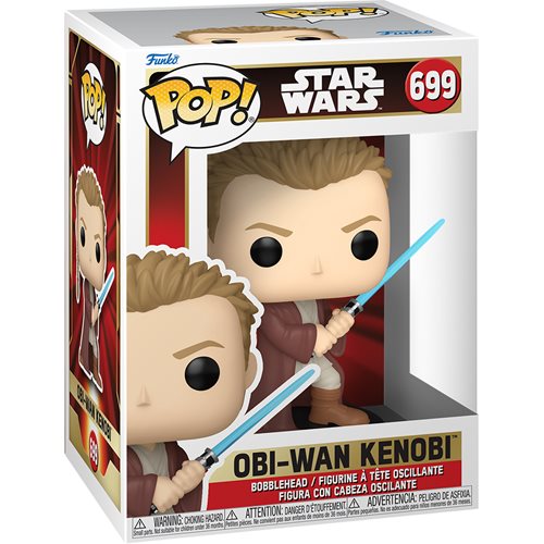 Funko POP! Star Wars: Episode I – The Phantom Menace #699 Obi-Wan Kenobi na embalagem original, destacando a figura de Obi-Wan com sabre de luz, visíveis através de uma janela de plástico transparente.