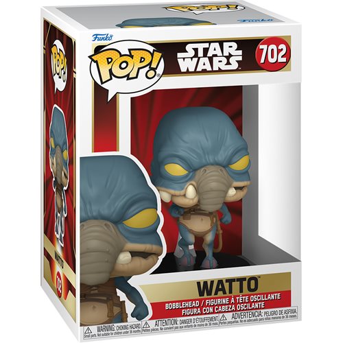 Funko POP! Star Wars: Episode I – The Phantom Menace #702 Watto na embalagem original, destacando a figura de Watto com asas e expressão astuta, visíveis através de uma janela de plástico transparente.