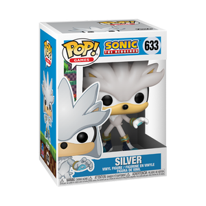 Funko POP! Sonic The Hedgehog #633 Silver dentro da caixa original, com design e embalagem temática de Sonic.