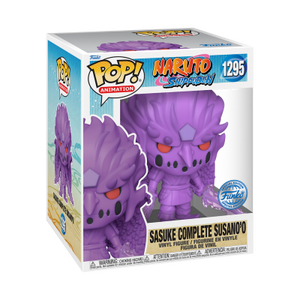 Funko POP! Naruto: Shippuden #1295 Sasuke Complete Susano'o na embalagem original, destacando a figura de Sasuke com a armadura espectral e espada, visíveis através de uma janela de plástico transparente.