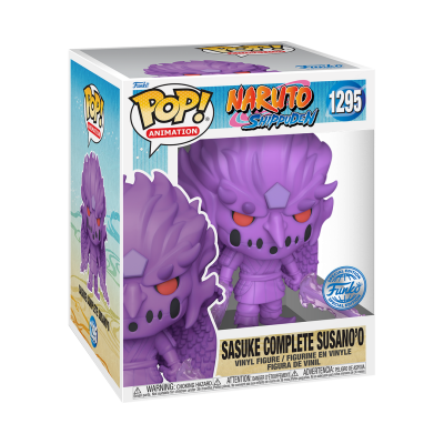 Funko POP! Naruto: Shippuden #1295 Sasuke Complete Susano'o na embalagem original, destacando a figura de Sasuke com a armadura espectral e espada, visíveis através de uma janela de plástico transparente.