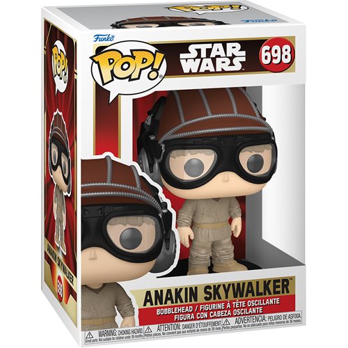 Funko POP! Star Wars: Episode I – The Phantom Menace #698 Anakin Skywalker na embalagem original, destacando a figura de Anakin com capacete e óculos, visíveis através de uma janela de plástico transparente.