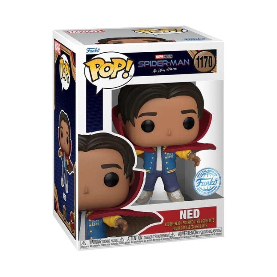 Funko POP! Marvel Spider-Man No Way Home #1170 Ned Leeds na embalagem original, destacando a figura de Ned com o Manto de Levitação, visíveis através de uma janela de plástico transparente.