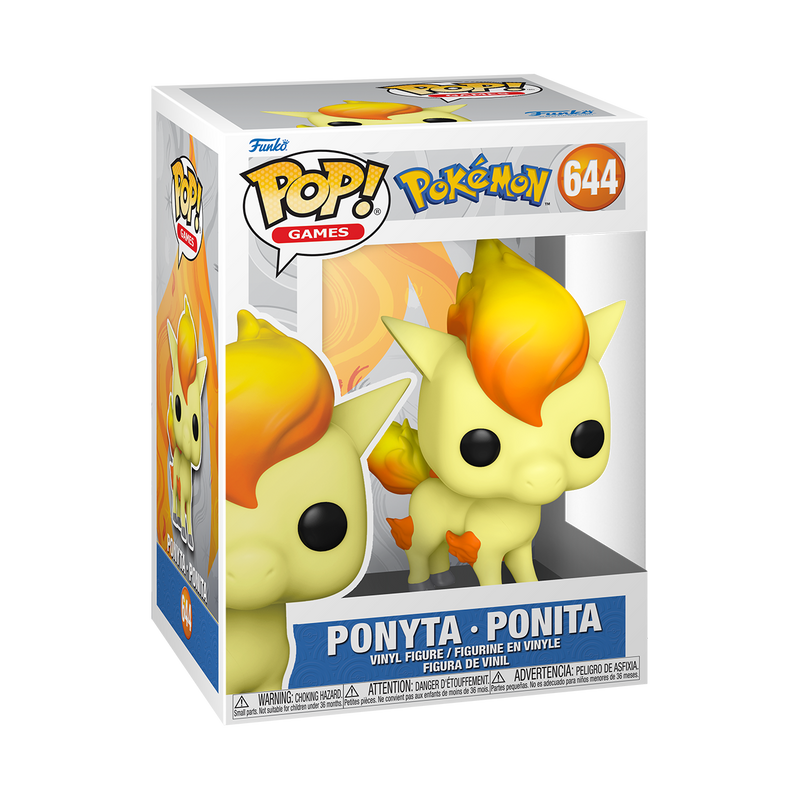 Funko POP! Pokemon #644 Ponyta na embalagem original, destacando a figura de Ponyta com crina de fogo e detalhes autênticos, visíveis através de uma janela de plástico transparente.