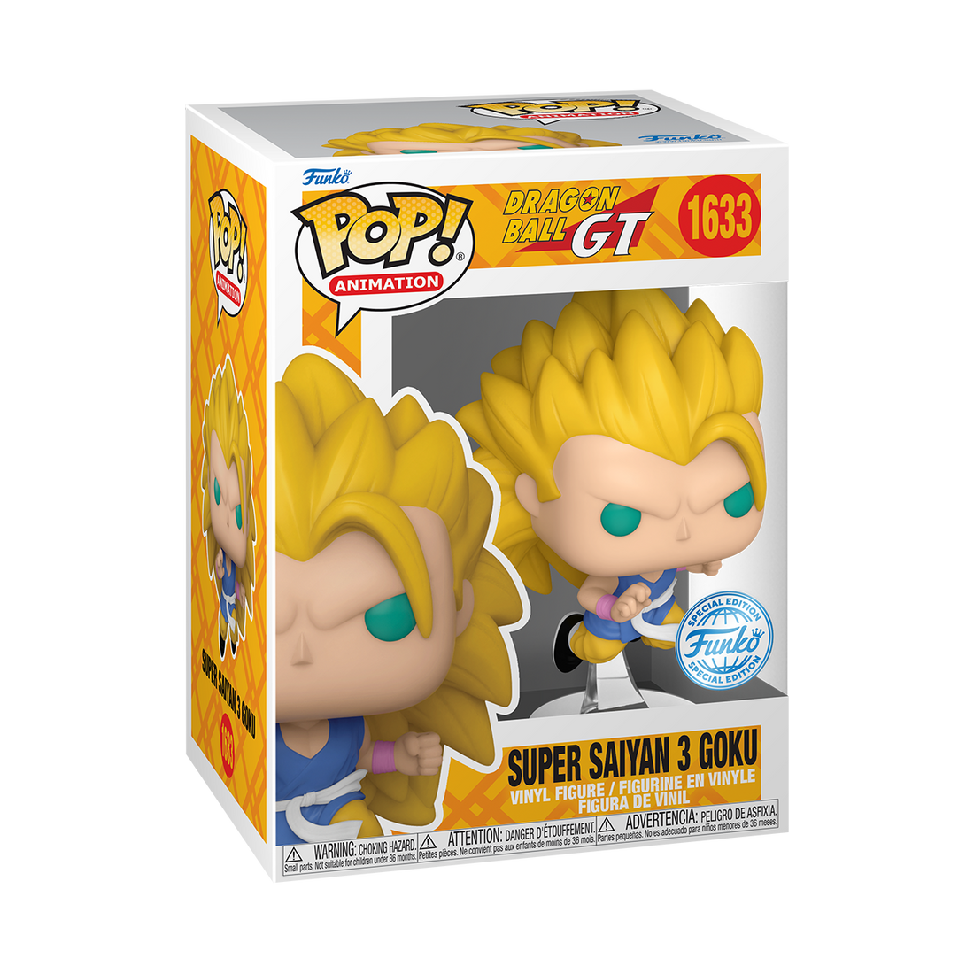 Funko POP! Dragon Ball GT #1633 Super Saiyan 3 Goku na embalagem original, exibindo o logo de Dragon Ball GT e detalhes exclusivos da figura.