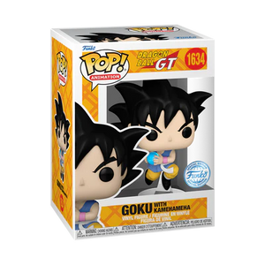 Funko POP! Dragon Ball GT #1634 Goku with Kamehameha na embalagem original, destacando o logotipo de Dragon Ball GT e a figura de Goku em posição de lançar o Kamehameha.