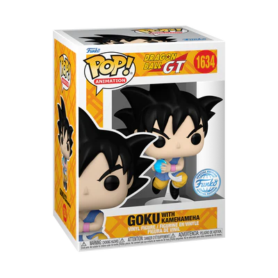 Funko POP! Dragon Ball GT #1634 Goku with Kamehameha na embalagem original, destacando o logotipo de Dragon Ball GT e a figura de Goku em posição de lançar o Kamehameha.