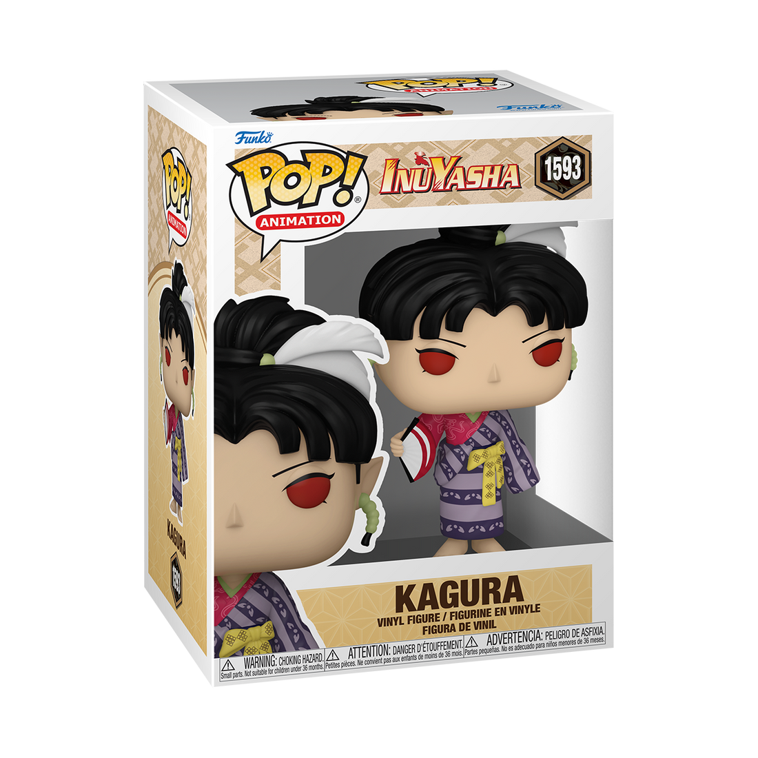 Funko POP! Inuyasha #1593 Kagura na embalagem original, destacando a figura de Kagura com o seu leque característico, visíveis através de uma janela de plástico transparente.
