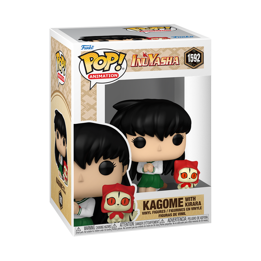 Funko POP! Inuyasha #1592 Kagome with Kirara na embalagem original, destacando a figura de Kagome com arco e Kirara com cachecol, visíveis através de uma janela de plástico transparente.