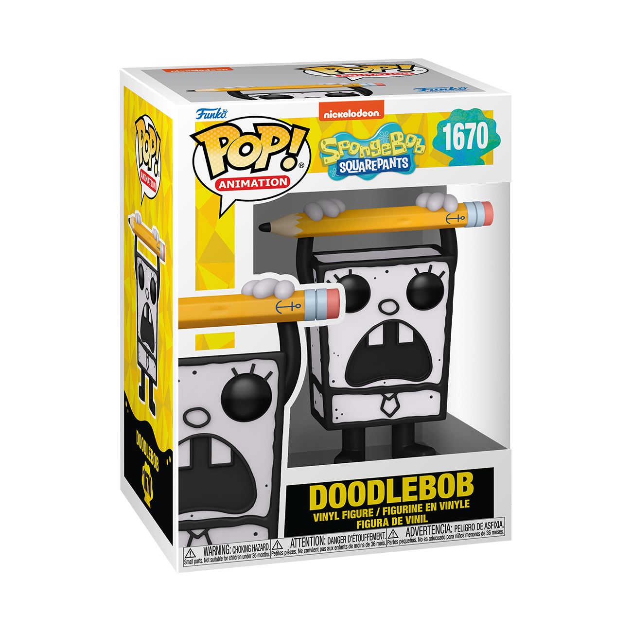 Funko POP! SpongeBob SquarePants #1670 DoodleBob na embalagem original, destacando a figura de DoodleBob com detalhes autênticos, visíveis através de uma janela de plástico transparente.