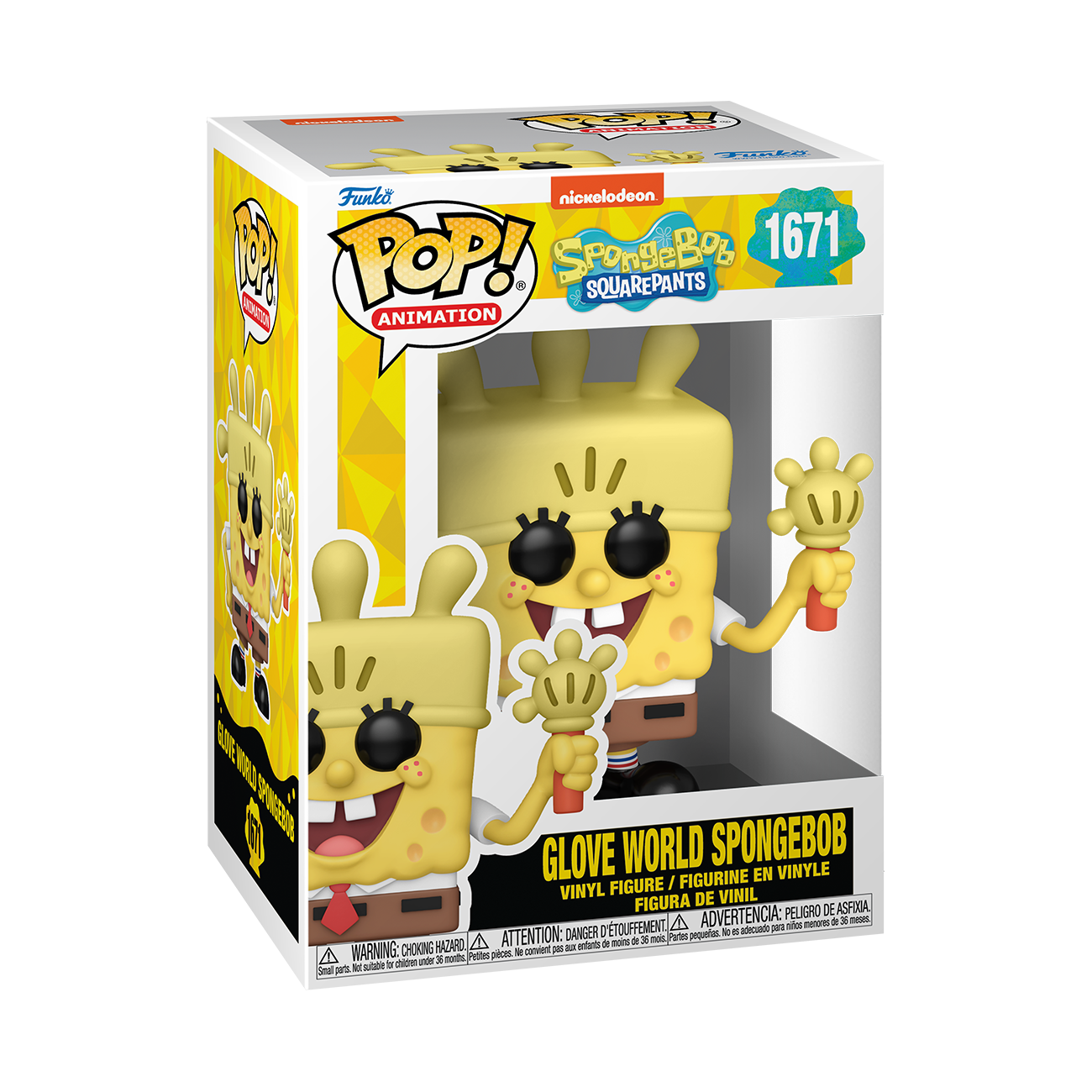 Funko POP! SpongeBob SquarePants #1671 Glove World SpongeBob na embalagem original, destacando a figura de SpongeBob com chapéu e lanterna de luva, visíveis através de uma janela de plástico transparente.