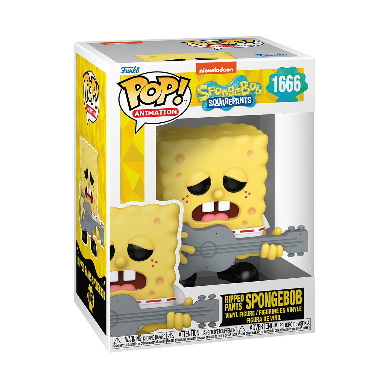 Funko POP! SpongeBob SquarePants #1666 Ripped Pants SpongeBob na embalagem original, destacando a figura de SpongeBob com calças rasgadas e guitarra, visíveis através de uma janela de plástico transparente.