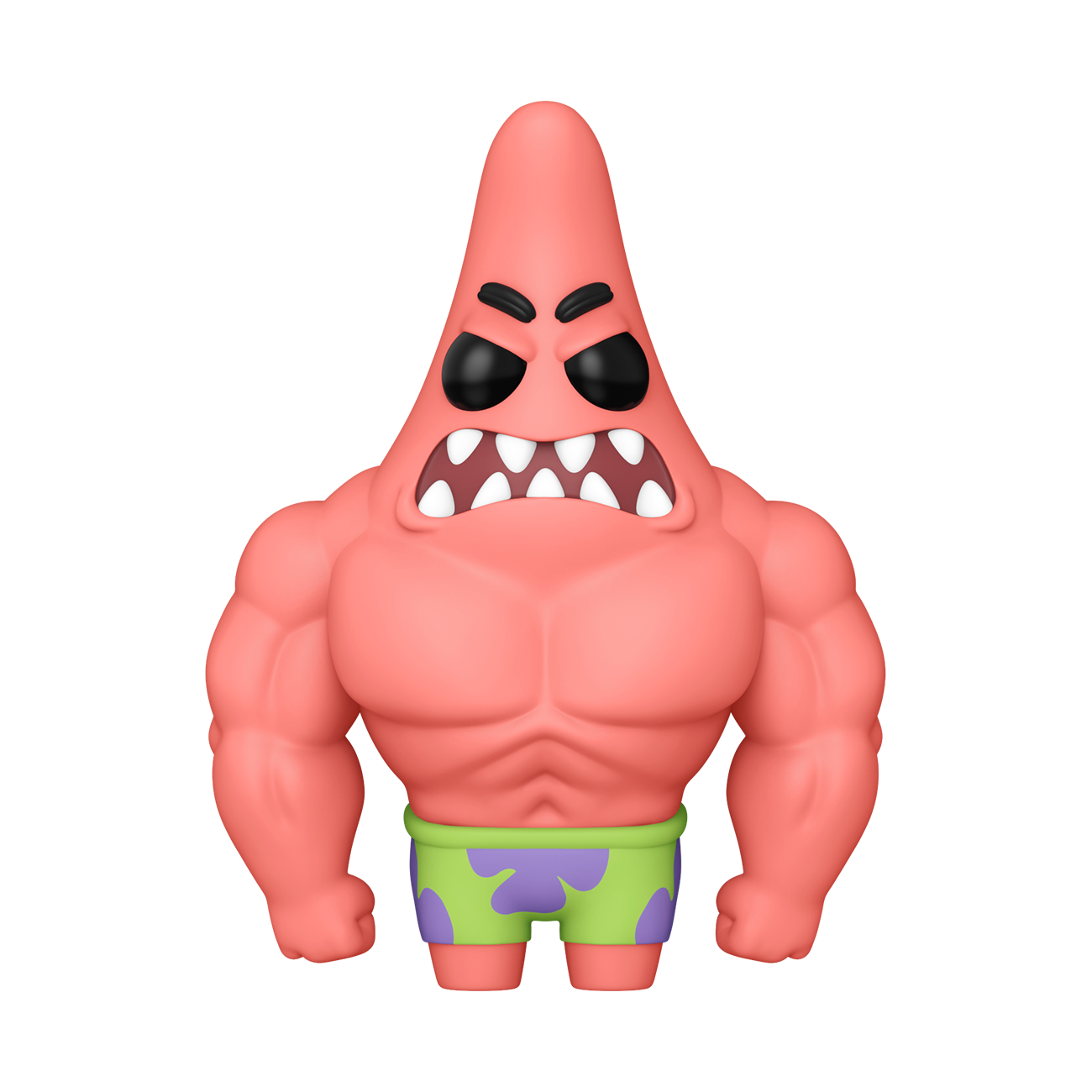 Funko POP! SpongeBob SquarePants #1668 Fry Cook Games Patrick fora da embalagem, mostrando o design detalhado de Patrick com músculos e expressão entusiástica, pronto para ser exibido na tua coleção de Funko POPs.