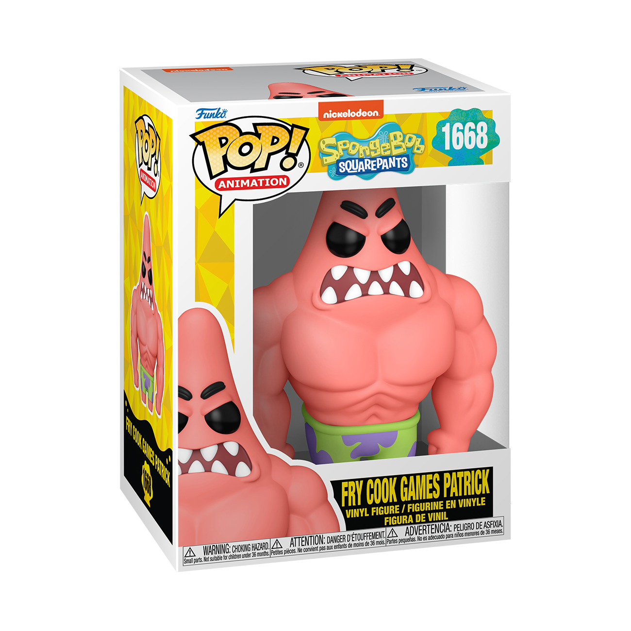Funko POP! SpongeBob SquarePants #1668 Fry Cook Games Patrick na embalagem original, destacando a figura de Patrick com músculos à mostra, visíveis através de uma janela de plástico transparente.