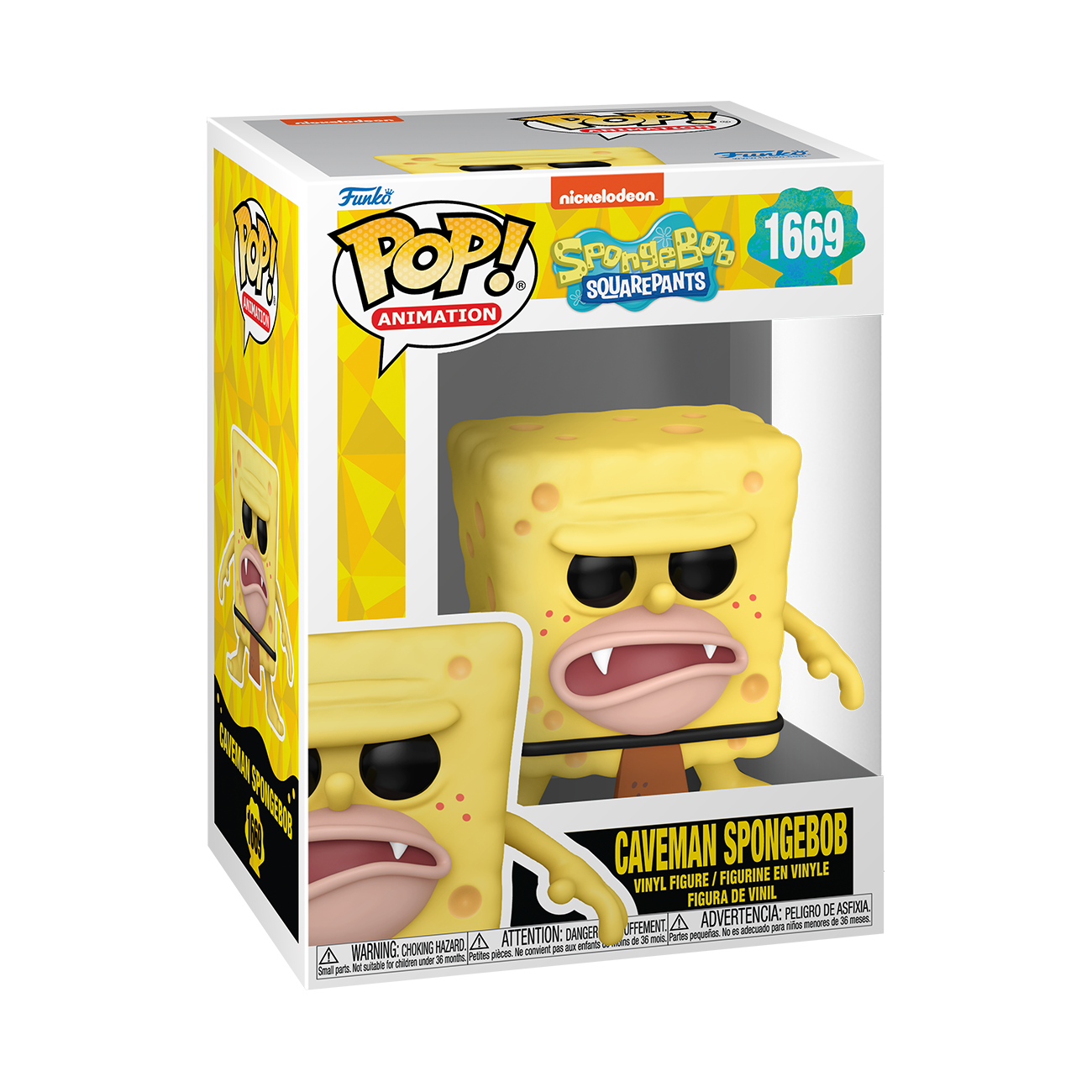 Funko POP! SpongeBob SquarePants #1669 Caveman SpongeBob na embalagem original, destacando a figura de SpongeBob como homem das cavernas, visíveis através de uma janela de plástico transparente.