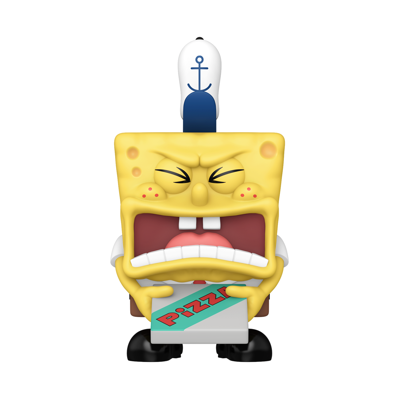 Funko POP! SpongeBob SquarePants #1667 Krusty Krab Pizza SpongeBob fora da embalagem, mostrando o design detalhado de SpongeBob com pizza do Krusty Krab, pronto para ser exibido na tua coleção de Funko POPs.