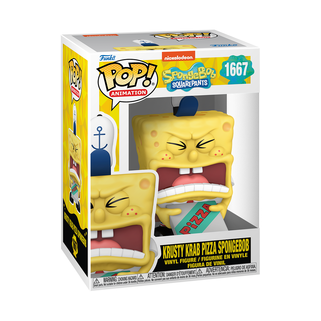 Funko POP! SpongeBob SquarePants #1667 Krusty Krab Pizza SpongeBob na embalagem original, destacando a figura de SpongeBob com pizza do Krusty Krab, visíveis através de uma janela de plástico transparente.