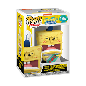 Funko POP! SpongeBob SquarePants #1667 Krusty Krab Pizza SpongeBob na embalagem original, destacando a figura de SpongeBob com pizza do Krusty Krab, visíveis através de uma janela de plástico transparente.