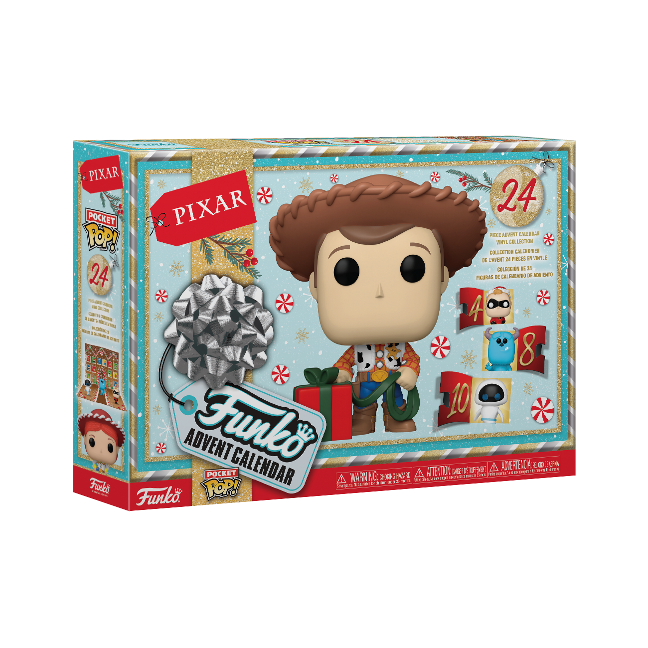 Funko Advent Calendar Pixar 2024 fechado, mostrando o design temático da Pixar com 24 portas numeradas para abrir.