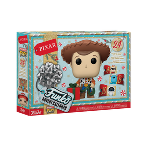 Funko Advent Calendar Pixar 2024 fechado, mostrando o design temático da Pixar com 24 portas numeradas para abrir.