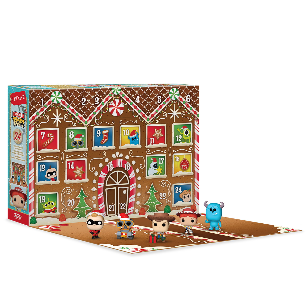 Funko Advent Calendar Pixar 2024 aberto, revelando algumas das 24 figuras exclusivas de Funko Pocket Pops! de personagens da Pixar, cada uma com aproximadamente 5 cm de altura.