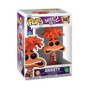 Funko POP! Disney Inside Out 2 #1447 Anxiety na embalagem original, destacando a figura de Anxiety com detalhes autênticos e expressão característica, visíveis através de uma janela de plástico transparente.