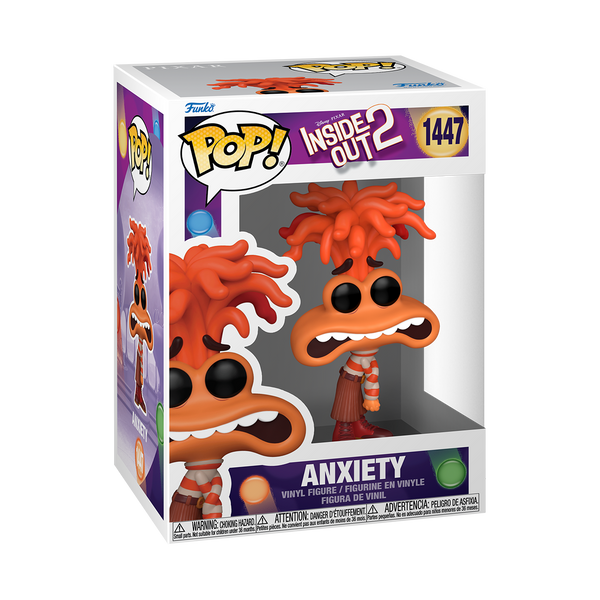 Funko POP! Disney Inside Out 2 #1447 Anxiety na embalagem original, destacando a figura de Anxiety com detalhes autênticos e expressão característica, visíveis através de uma janela de plástico transparente.
