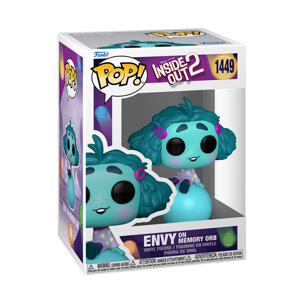 Funko POP! Disney Inside Out 2 #1449 Envy (On Memory Orb) na embalagem original, destacando a figura de Envy em cima de uma Orbe de Memória com detalhes autênticos e expressão característica, visíveis através de uma janela de plástico transparente.