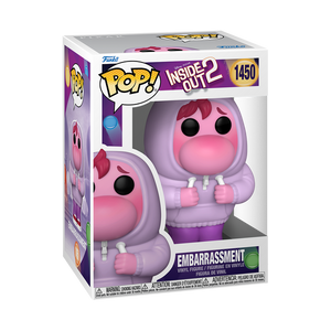 Funko POP! Disney Inside Out 2 #1450 Embarrassment na embalagem original, destacando a figura de Embarrassment com detalhes autênticos e expressão tímida, visíveis através de uma janela de plástico transparente.