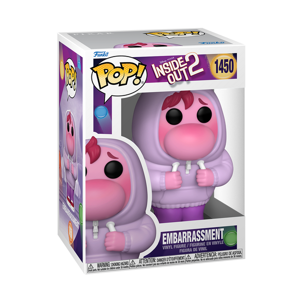 Funko POP! Disney Inside Out 2 #1450 Embarrassment na embalagem original, destacando a figura de Embarrassment com detalhes autênticos e expressão tímida, visíveis através de uma janela de plástico transparente.