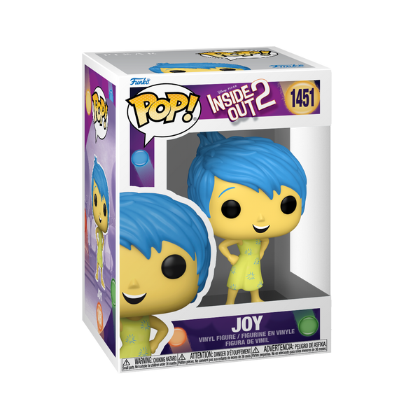 Funko POP! Disney Inside Out 2 #1451 Joy na embalagem original, destacando a figura de Joy com detalhes autênticos e expressão alegre, visíveis através de uma janela de plástico transparente.