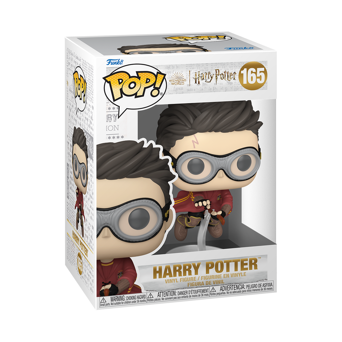 Funko POP! Harry Potter #165 Harry Potter (Quidditch) na embalagem original, destacando a figura de Harry Potter com uniforme de Quadribol, visíveis através de uma janela de plástico transparente.
