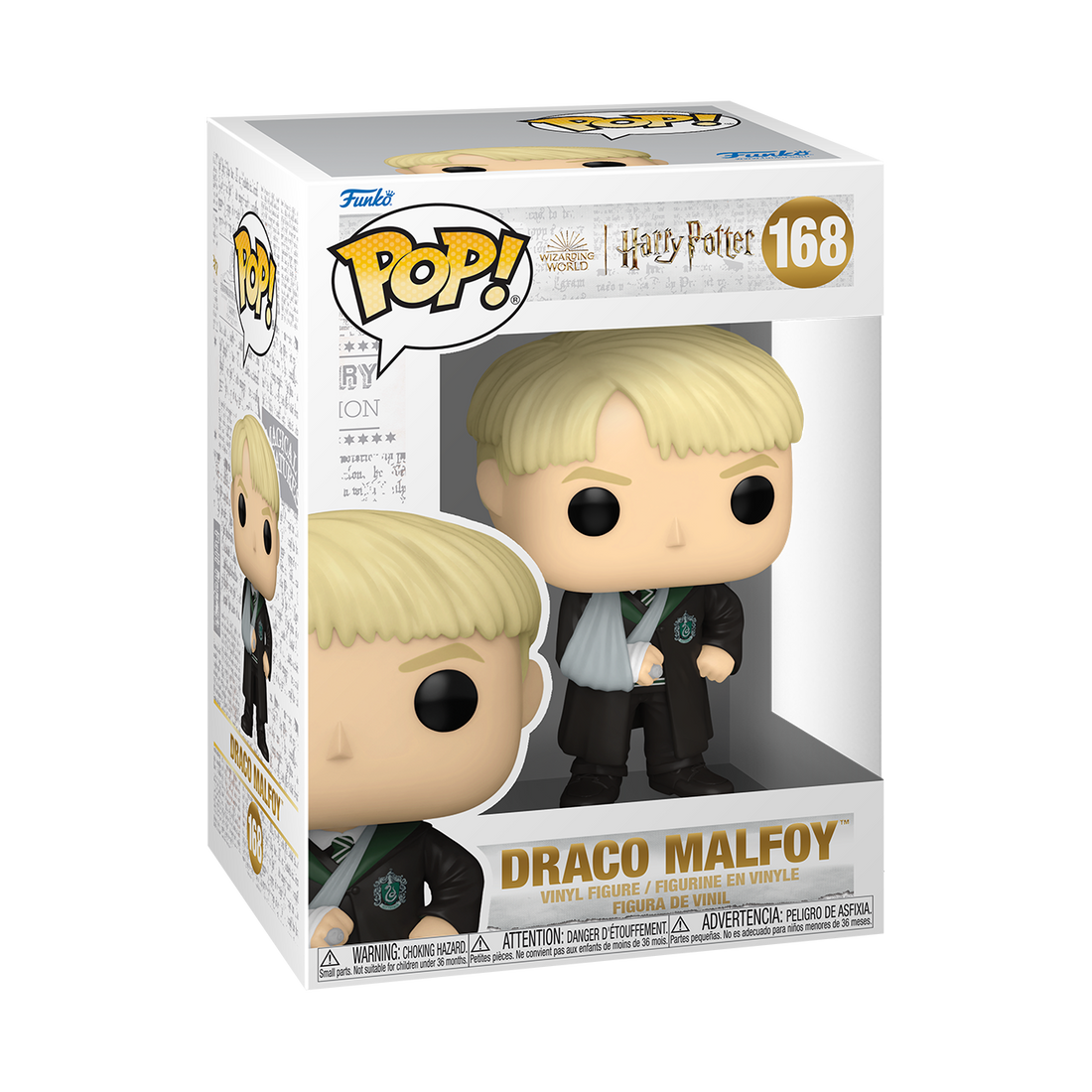 Funko POP! Harry Potter #168 Draco Malfoy (Broken Arm) fora da embalagem, mostrando o design detalhado de Draco Malfoy com o braço engessado, pronto para ser exibido na tua coleção de Funko POPs.