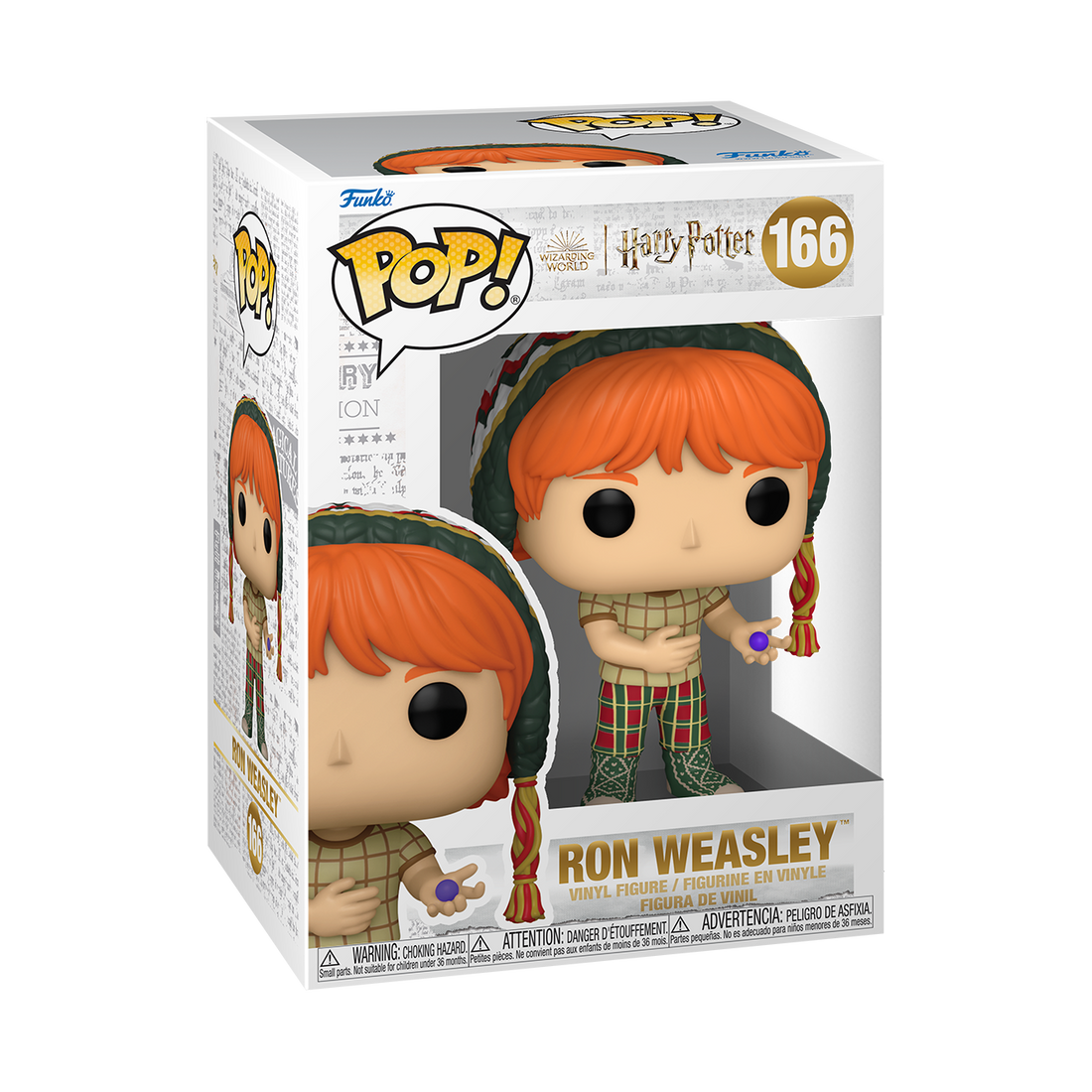 Funko POP! Harry Potter #166 Ron Weasley na embalagem original, destacando a figura de Ron Weasley com doces encantados, visíveis através de uma janela de plástico transparente.